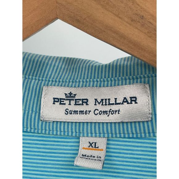 Peter Millar Polo Golf Shirt Men XL Blue Striped Short Sleeve Yellow‎ Flag - Picture 5 of 13